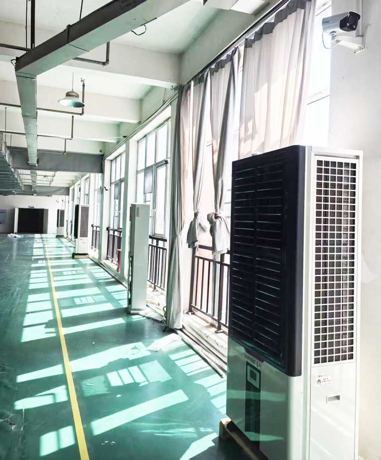 紡織車間制冷降溫，可應用蒸發冷省電空調-立式軸流雙風口柜機