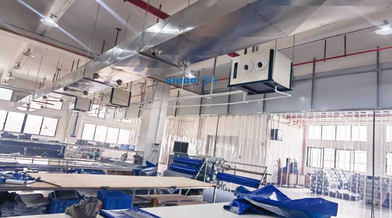 紡織廠生產(chǎn)車(chē)間整體制冷降溫，應(yīng)用蒸發(fā)冷省電空調(diào)- 臥式射流機(jī)